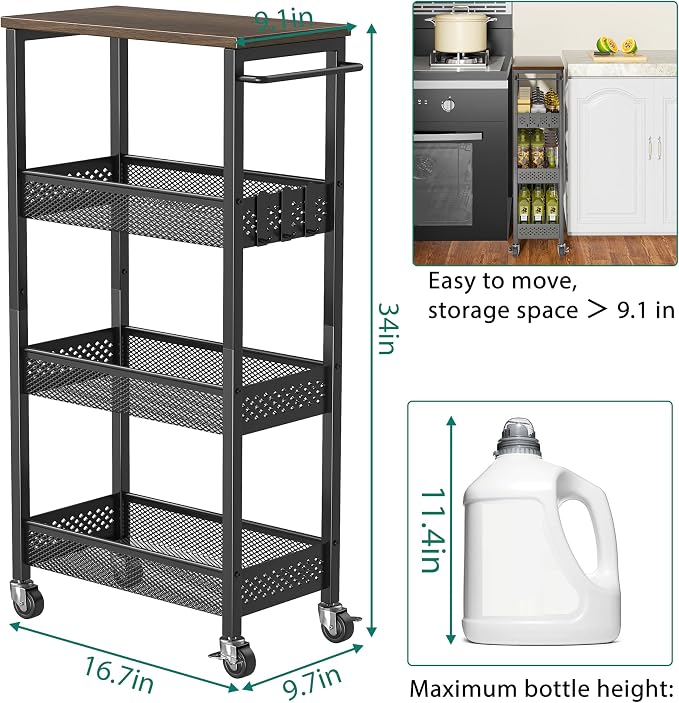 XYZLVSI Slim Rolling Storage Cart, 4 Tier Small Bathroom Cart Organizer | 9.1" W narrow storage cabinet with wooden top and metal handle, ideal for kitchen/dorm, between washer and dryer storage - Image 5