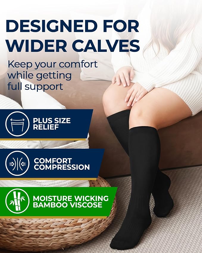 Pembrook 3 Pairs Plus Size Compression Socks Wide Calf - Bamboo Viscose Compression Socks for Women Wide Calf - Image 2