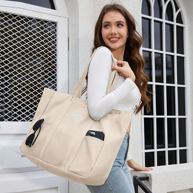 HOMESPON Large Canvas Tote Bag, Magnetic Work Laptop Pack for Women | Everything Bag, Multi Pockets, Internal Laptop Sleeve - Image 2