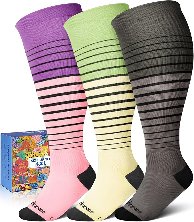 3-Pair Wide Calf Compression Socks for Women | 20-30mmHg Graduated Support, Easy On & Off, Knee High Length, Ankle Support, Travel Nurse Daily Wear, Cute Patterned by Lalapapa