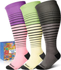 3-Pair Wide Calf Compression Socks for Women | 20-30mmHg Graduated Support, Easy On & Off, Knee High Length, Ankle Support, Travel Nurse Daily Wear, Cute Patterned by Lalapapa