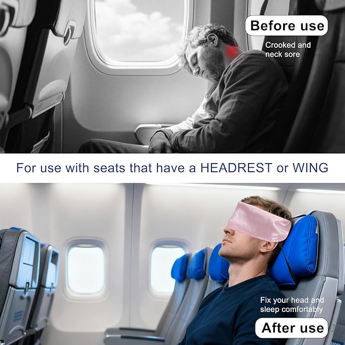 Travel Pillows for Airplanes, Airplane Head Strap with Silk Eye Mask for Sleeping, Long Flights & Car Road Trips 360°Headrest Neck Support, Stops Bobbing, Small & Compact (Pink) - Image 2