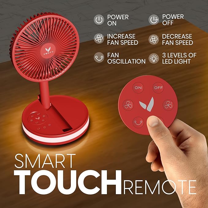 VENTY Portable Fan - Wireless Battery Operated Fan - 4 Speeds - LED Lighting - Carry Case & Remote Control - Cruise Travel - Outdoor Travel RV Power Bank With USB-C Port (Red with Case) - Image 5