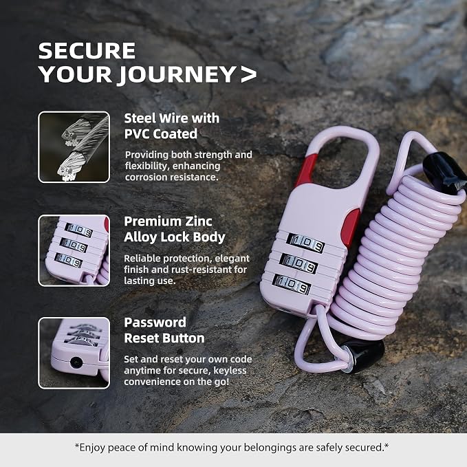 Travel Locks Cable Retractable, Mini Snowboard Lock with Combination, Small Padlock Combination with Wire for Luggage, Backpack, Suitcase, Stroller, Ski Gear, Motorcycle Helmet Anti Theft - Image 4