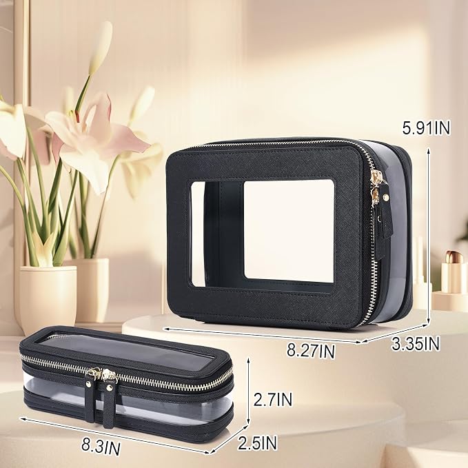 Pinkmik Clear Makeup Bag with Brush Case, (Black, M+SLIM-1) | 2PC,Travel Toiletry Bag, Waterproof, Cosmetic Organizer, Car Essentials for Women - Image 4
