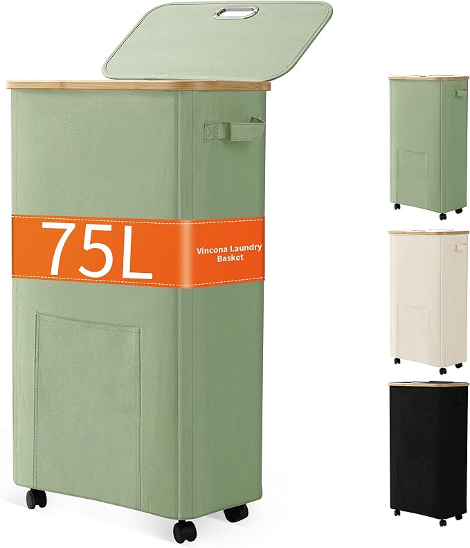 Vincona Laundry Basket with Wheels, Dirty Clothes Hamper on Wheels, Rolling Tall Laundry Hamper with lid for Laundry Room, Dorm and Bathroom, 75L Sage Green by Vincona