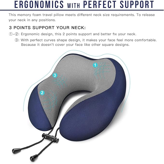MLVOC Neck Pillow for Traveling, Upgraded 100% Pure Memory Foam Travel Neck Pillow for Airplane Flight Sleep, Breathable & Machine Washable Cover, Travel Kit with 3D Eye Mask, Earplugs & Bag, Blue | memor foam - Image 2