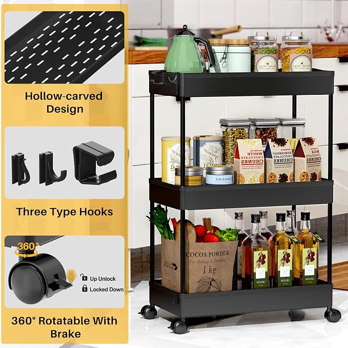 SPACEKEEPER 3 Tier Rolling Cart, Bathroom Cart Organizer with Wheels, Black | Mobile Storage Cart for Laundry Room Organization,Kitchen,Office,Bathroom, Utility Cart for Snack,Craft,Art,Makeup,Nail,Toys - Image 2