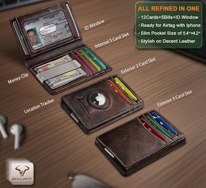 BULLIANT Magnetic Slim Leather Airtag Wallet Money Clip For Men 12Cards | RFID Blocking | Easy Access | Gift Boxed | Pocket Fit - Image 2