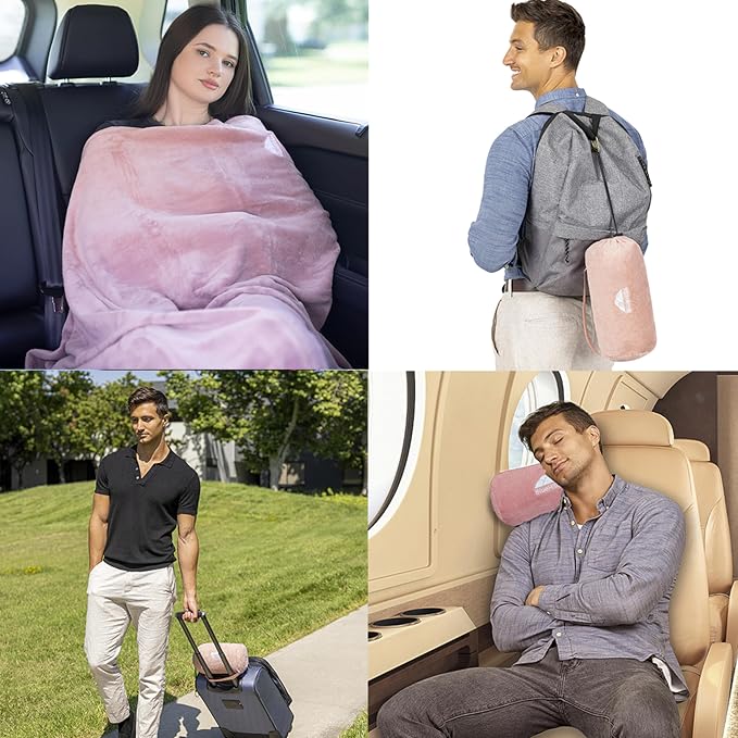 BlueHills Premium Soft Rolled Travel Blanket Airplane Long Flights - Pink | 70 X 48 Inches, Compact In A Bag, Long Flight Comfort, Backpack Carry, Ultra Soft, Large Size Car Blanket, Airplane Essential - Image 3