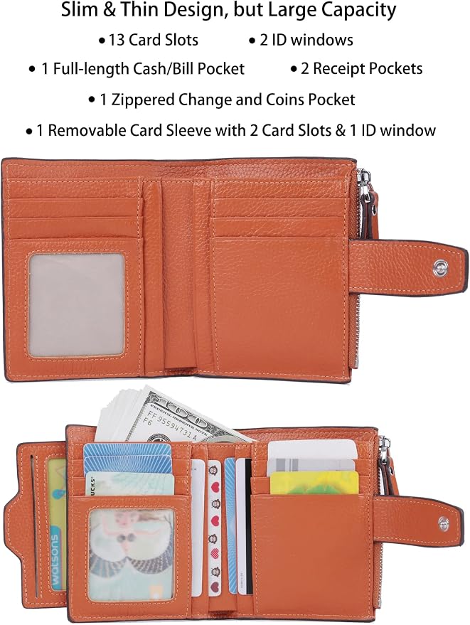 Women's RFID Blocking Leather Small Compact Bi-fold Zipper Pocket Wallet Card Case Purse with id Window - Image 2