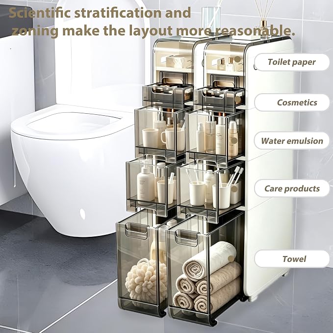 BGYMF 4-Tier Narrow Slim Bathroom Storage Cabinet,Movable,White | ABS and PP,with Wheels and Drawers,Large Storage Capacity,Water Resistant,Toilet Paper Holder,for Small Spaces - Image 3