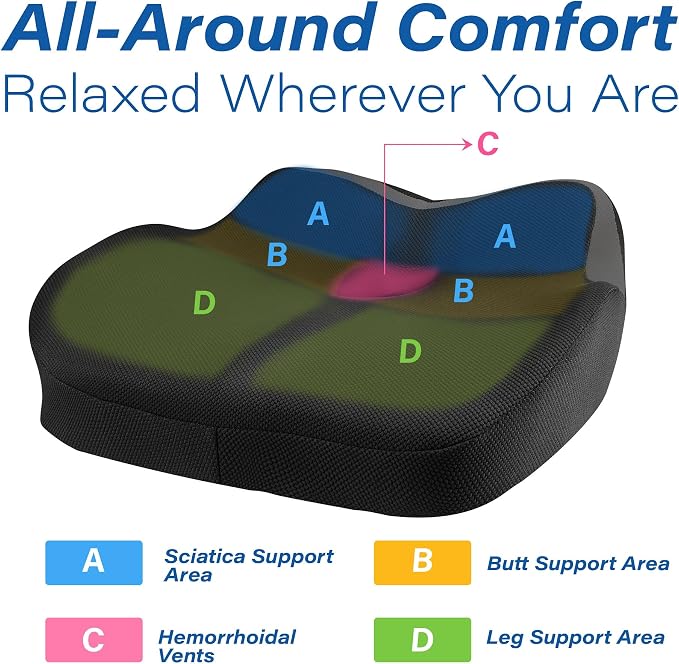 Allaboutsla Car Seat Cushion for Driving, Car Seat Pillow for Short Drivers | Ergonomic Memory Foam Seat Cushion for Pain Relief, Adult Booster Seat for Car, Butt Cushion for Car, Truck, Classic Black - Image 4
