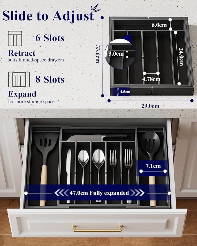 Kitsure Silverware Organizer, Bamboo Kitchen Drawer Tray, Black, Large | Expandable Drawer Kitchen Organizer, Cooking Utensils & Cutlery, Sturdy & Thickened Design, Storage Solution - Image 2