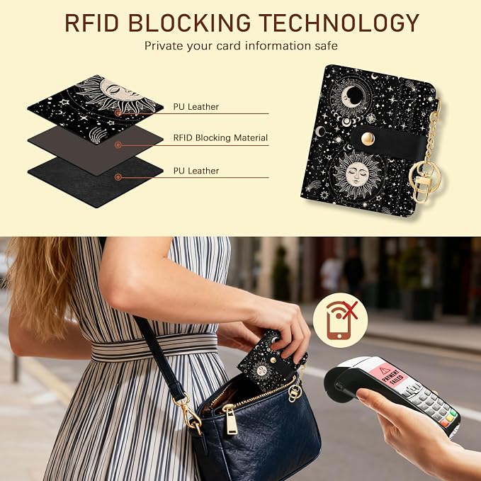 Jogjam Sun and Moon Rfid Women Wallet, Small Slim Thin Credit Card Holder | PU Leather Bifold Cash Zipper Coin Pocket ID Window, for Female Ladies Teen Girls Girly Gifts - Image 3
