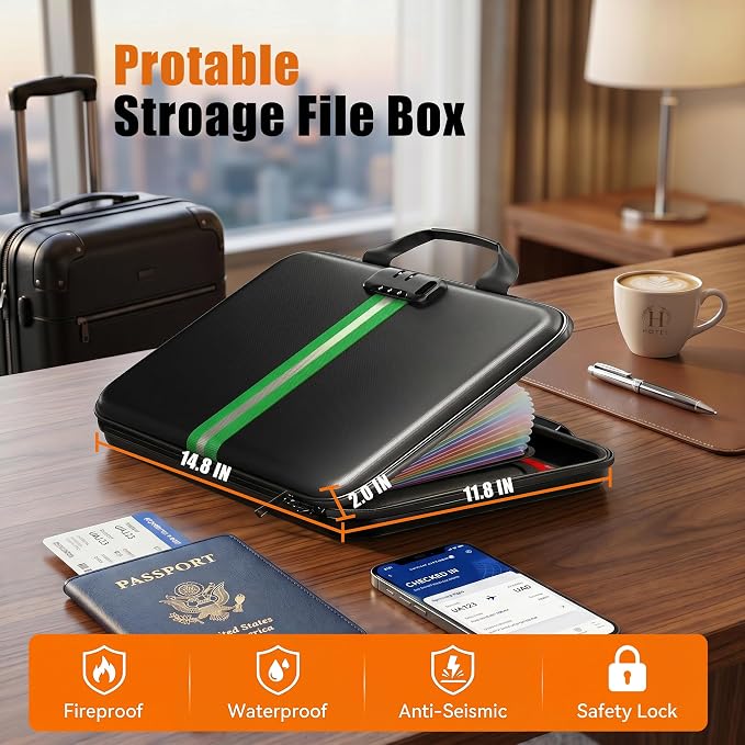Fireproof Document Organizer with Lock, Rigid EVA File Box with 13-Pocket Accordion Folder for Important Documents & Tablets under 11", Lightweight Safe Storage for Home, Office & Travel (Small Size) - Image 6