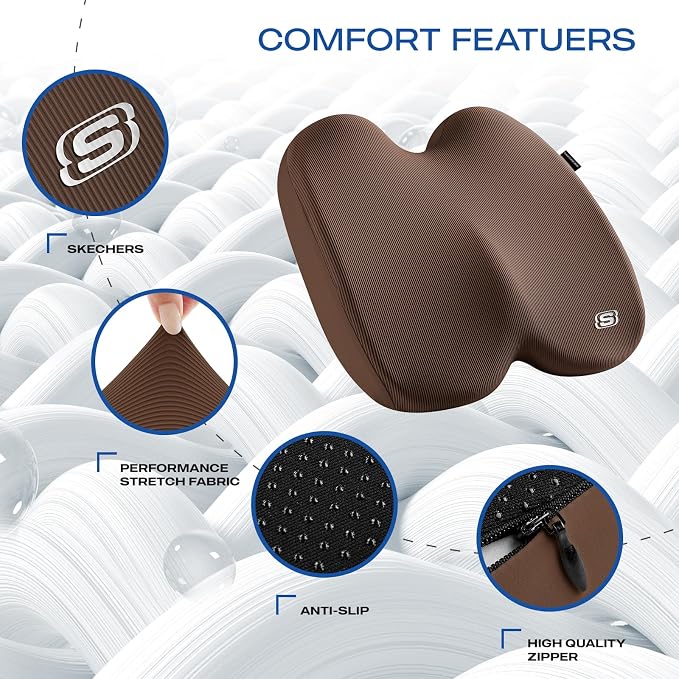 Skechers Seat Cushion, Ergonomic Memory Foam Cushion for Long Sitting Hours on Office & Home Chair, Car Seat Cushion for Sciatica, Coccyx Cushion,Brown - Image 3