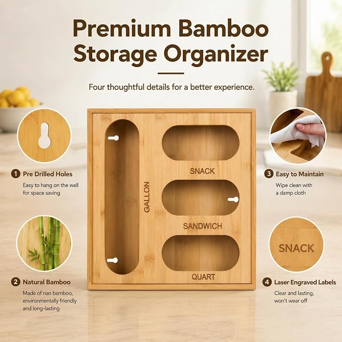 4 in 1 Bamboo Bag Storage Organizer for Sandwich, Snack, Quart,Gallon Bags - Image 7