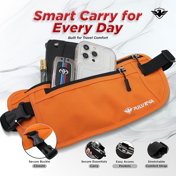 PulvenaHidden Money Belt For Travel Passport Wallet, Slim RFID Blocking Passport Holder For Travel Women And Men, Undercover Anti Theft Bag Waist Pouch Orange - Image 3