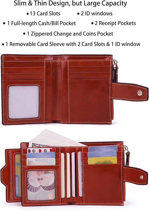 Women's RFID Blocking Leather Small Compact Bi-fold Zipper Pocket Wallet Card Case Purse with id Window - Image 2
