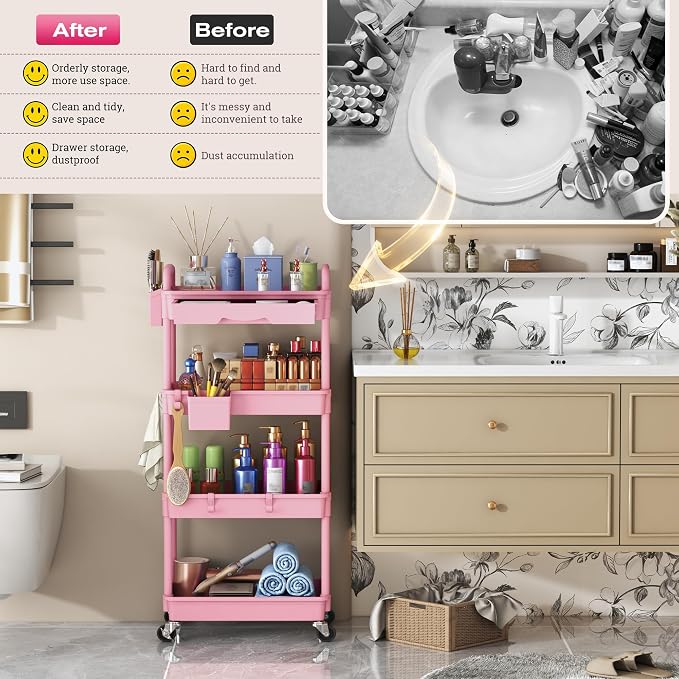 Goovilla Rolling Makeup Organizer Cart with Removable Drawer, 4 Tier Pink | Stable Floor Skincare Storage Cart for Vanity, Cosmetic Display, Nail Polish, Perfume, Hair Stuff, Beauty, Bathroom(Plastic) - Image 7