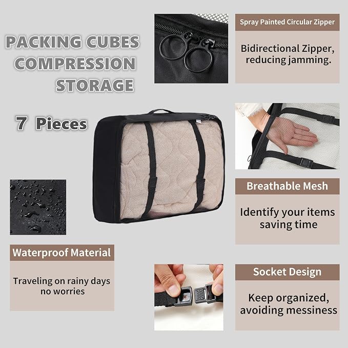 7 Set Packing Cubes for Travel,Suitcase Organizer Bags for Luggage with Shoe Bag, Vacation Travel Essentials & Accessories for Cruise Ship, Airplane Must-Have,Road Trip & Camp Gifts(Black) - Image 3