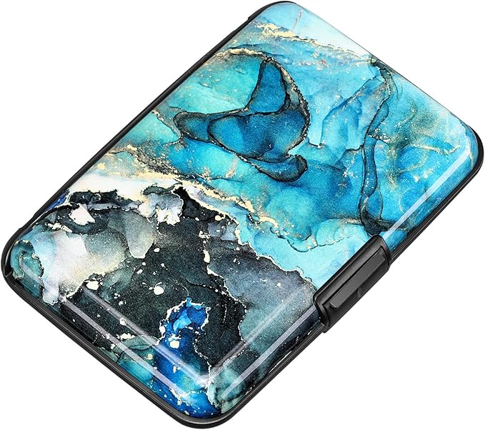RFID Blocking Credit Card Protector Aluminum ID Case Hard Shell Business Card Holders Metal Wallet for Men or Women (Graygreen Marble) by ELFISH