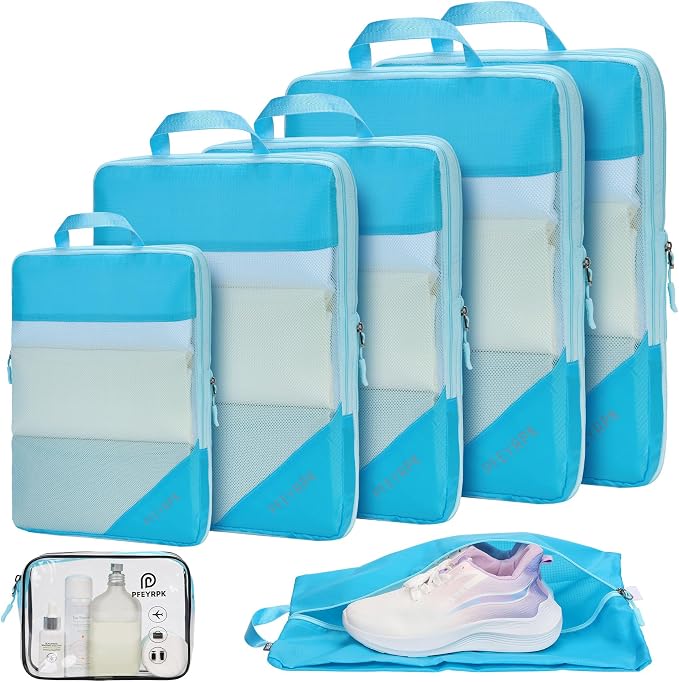 PFEYRPK Lightweight Compression Packing Cubes for Suitcases, Compressible Expandable Travel Packing Organizer with Clear Toiletries and Backpack Bag, Travel Essentials for Carry on Luggage 7 Set by PFEYRPK