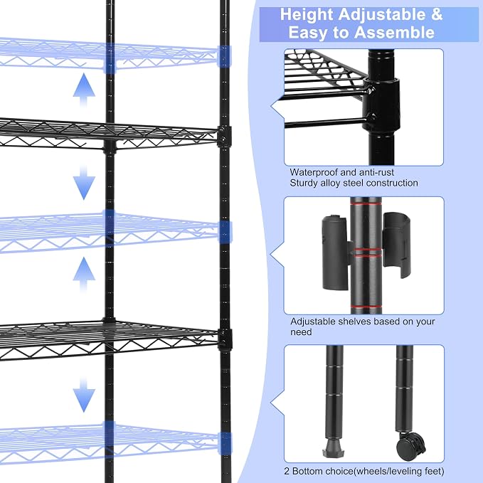 Whitmor 5 Tier Metal Storage Shelves, Heavy Duty with 4 Wheels & Adjustable Feet, 400 lbs Capacity per Shelf, Max 2000 lbs Total for Home, Garage, Workshop, 36" L x 14" W x 60" H, Black - Image 4