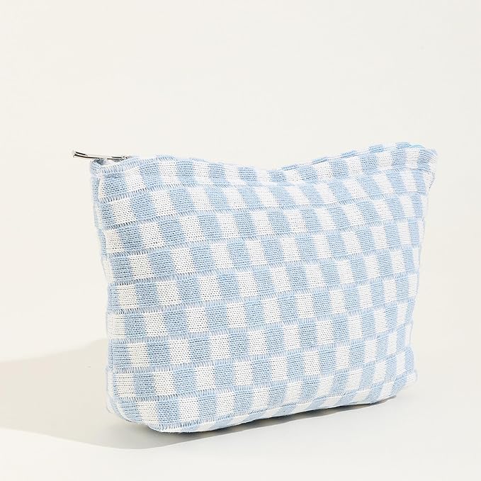 Cosmetic Bags for Women - Corduroy Cosmetic Bag Aesthetic Women Handbags Purses Smile Dots Makeup Organizer Storage Makeup Bag Girls Case Bags (Q-Checkered blue) - Image 2