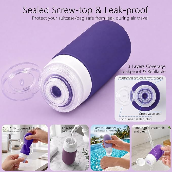 24 Pack Travel Bottles for Toiletries -TSA Approved, Leak Proof Silicone | Refillable Travel Size Containers Kits with Perfume Spray Bottle for Shampoo, Conditioner, Lotion, Cosmetic (Purple) - Image 3