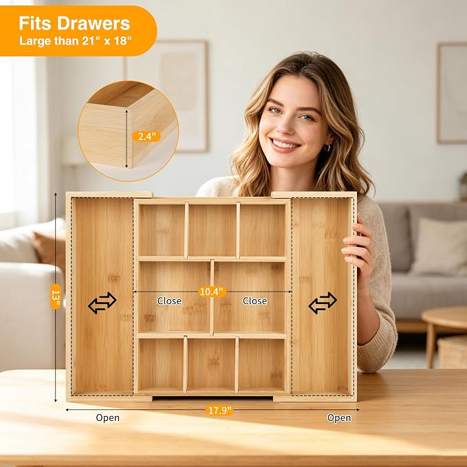 Bamboo Drawer Organizer Expandable Desk Storage Set, 10 Adjustable Compartment Junk Drawer Divider and Trays Containers for Kitchen Utensil, Office Supplies, Makeup, Jewelry & Cosmetics Organization - Image 5