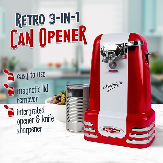 Nostalgia Retro Electric Can Opener for Kitchen with Magnetic Lid Remover, Knife Sharpener, and Soda or Beer Bottle Opener, Red - Image 2