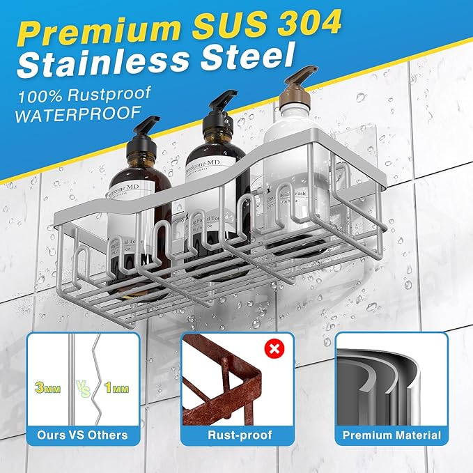 Shower Caddy 5 Pack,Adhesive Shower Organizer for Bathroom Storage&Home Decor&Kitchen,No Drilling,Large Capacity,Rustproof Stainless Steel Bathroom Organizer,Shower Shelves for Inside Shower-Larger - Image 5