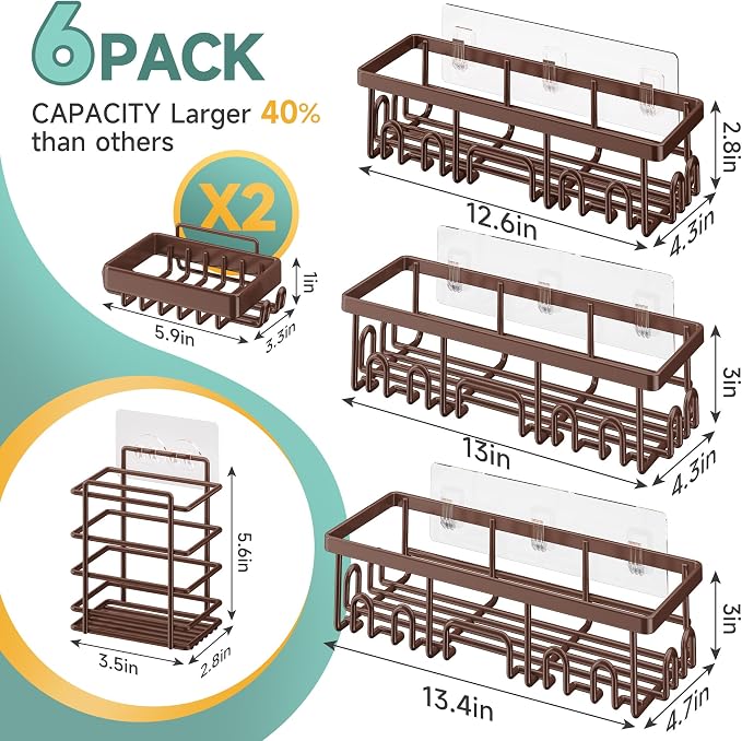 Veken Shower Caddy 6-Pack, No Drilling & Rustproof, Waterproof Adhesive Shelves Rack with Soap Holder, Large Capacity Bathroom Organizers and Storage, Wall-Mounted Kitchen & Home Decor - Image 7