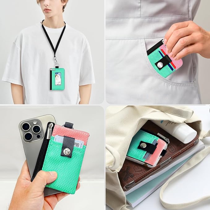 Minimalist RFID Blocking Small Wallet with ID Window,WaterResistant Zip Id Case Wallet with Lanyard Keychain for Cards,Cash,Travel,Women,Men (Mint Green/Pink) - Image 9