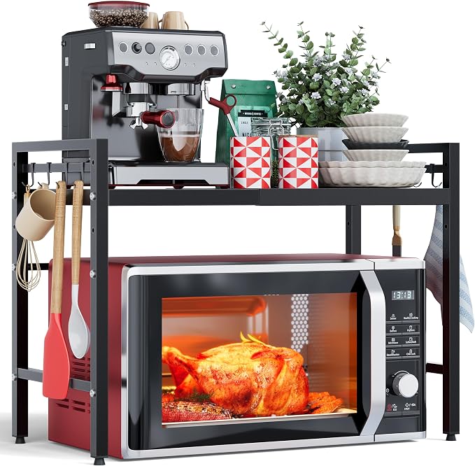 2 Tier Expandable Microwave Stand countertop,Microwave Oven Rack | microwave shelf, storage shelves for pans &appliances,Adjustable partition height，8 Hooks，55lbs max load,Black by NETELOfficial