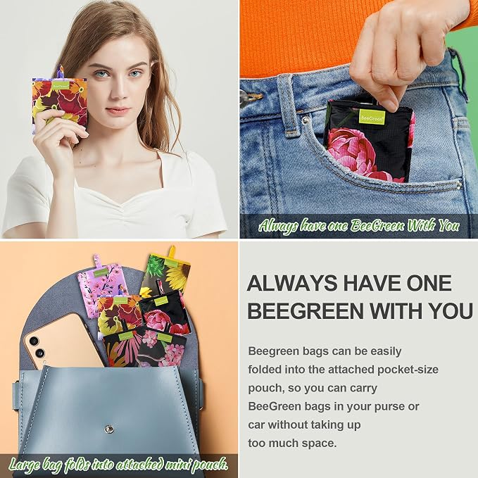 BeeGreen Flower Reusable Shopping Bags Cute Grocery Bag 6 Pack, Christmas Gift Bags Heavy-Duty Foldable Shopping Totes for Supermarket, Work & Travel, Large Washable Polyester Tote Bag with Handles - Image 2