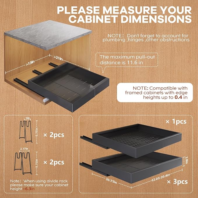 Seinloes 4Pack Expandable Pull Out Cabinet Organizer 21"Deep With Raising Pad for Framed Cabinets,Slide Out Drawers with 4pcs Divider Racks,Roll Out Shelves Adhesive,Adjustable Width 12.05"-20.4"Black - Image 4
