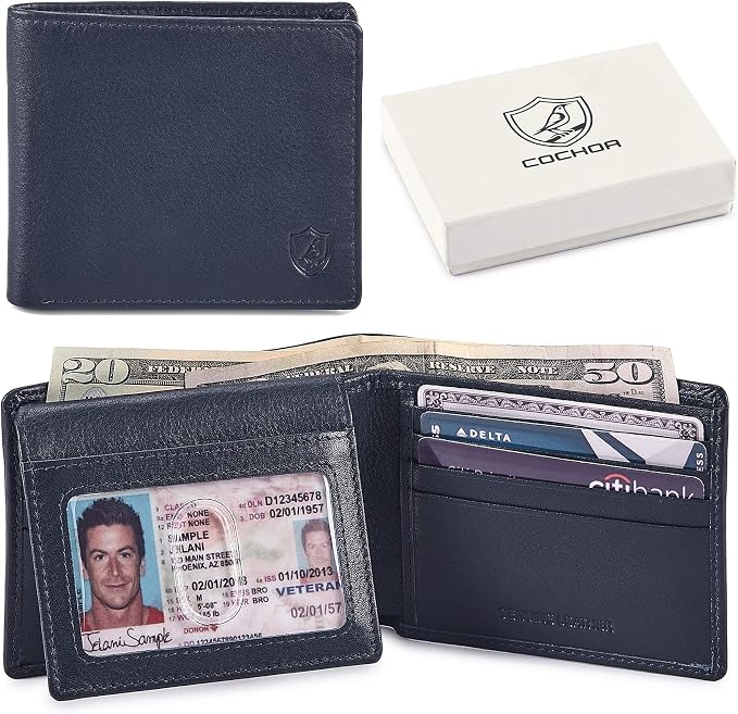 Wallet for Men Slim RFID Blocking Leather Bifold Minimalist 2 ID Windows Gift Box Carteras Para Hombres (NAPA, MIDNIGHT NAVY) by Cochoa