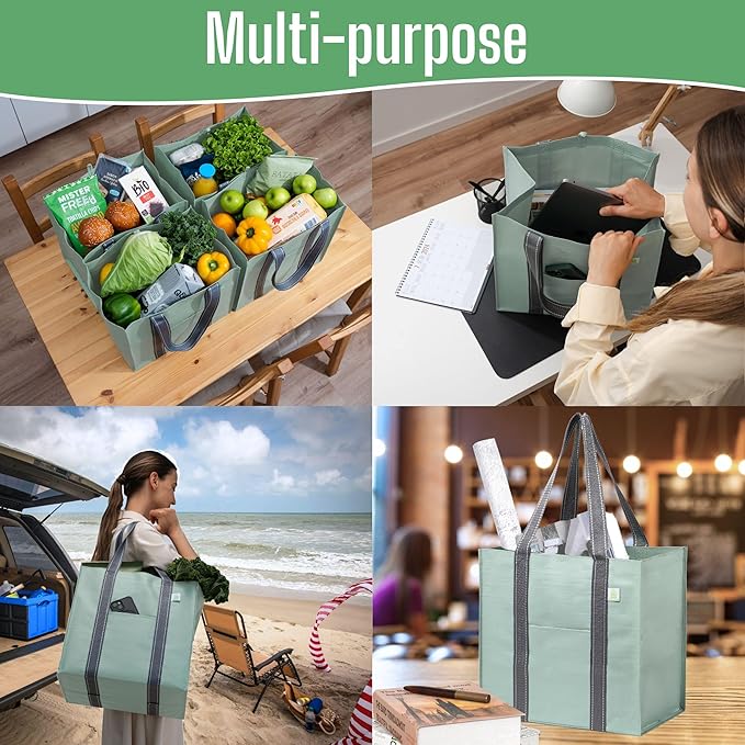 VENO 4 Pack Large Grocery Bag Reusable Shopping Bags with Hard Bottom | Utility Tote with Reinforced Handles, Heavy Duty, Foldable, Stand Upright, for Groceries Shopping Cart Storage(Green, 4 Pack) - Image 2