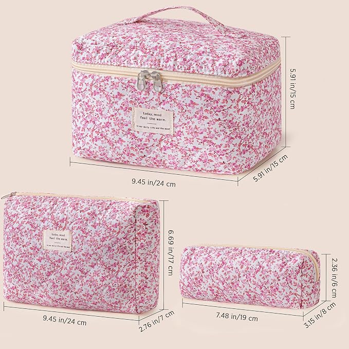 HBselect Quilted Makeup Bag, 3Pcs Cotton Large Travel Makeup Bags Organizer | Cute Floral Make up Bag Cosmetic Bag Toiletry Bag for Women Girls, Makeup Pouch for Skincare, Brushes & Travel Essentials - Image 6