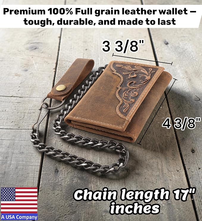 F&L CLASSIC RFID Blocking Men's Tri-fold Vintage Biker Cowhide Leather Steel Chain Wallet,Snap closure, brown, western style,315-83 - Image 2