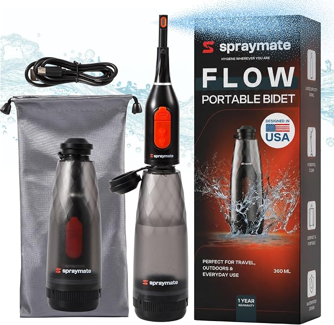Portable Bidet for Travel & Camping – Electric Gentle Pressure Rechargeable Bidet for Women & Men | 360ML Bottle | 460ML/Min Flow | USB-C | 450mAh Battery | USA Brand – Spray Mate Flow by SprayMate