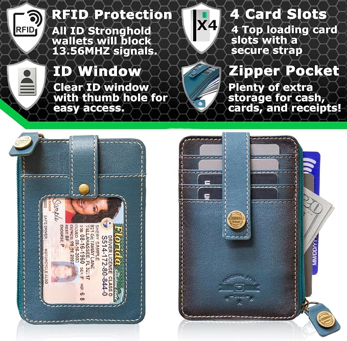 ID Stronghold RFID Blocking Front Pocket Wallet – Slim Minimalist Genuine Leather Wallet with Zipper Coin Pocket (Mega Blue) - Image 4