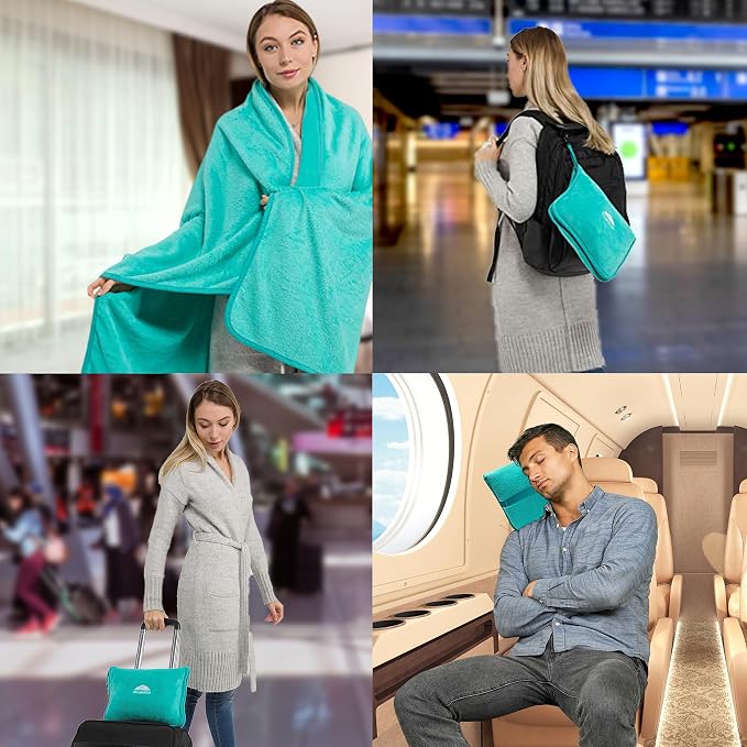 BlueHills Premium Soft Travel Blanket Pillow Warm Comfort Throw, Teal Green | 2 in 1 Travel Blanket Pillow, Soft Bag Pillowcase, Hand Luggage Belt & Backpack Clip, Flight Essentials, Gift for Traveler - Image 3