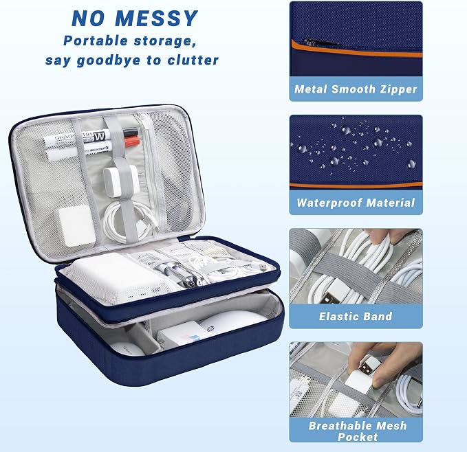 Electronics Organizer,Travel Cord Organizer Pouch,Cable Organizer Bags | Waterproof Electronic Accessories Storage Case for Cables, Cords, Charger, Phone (Three Layer-NavyBlue) - Image 2