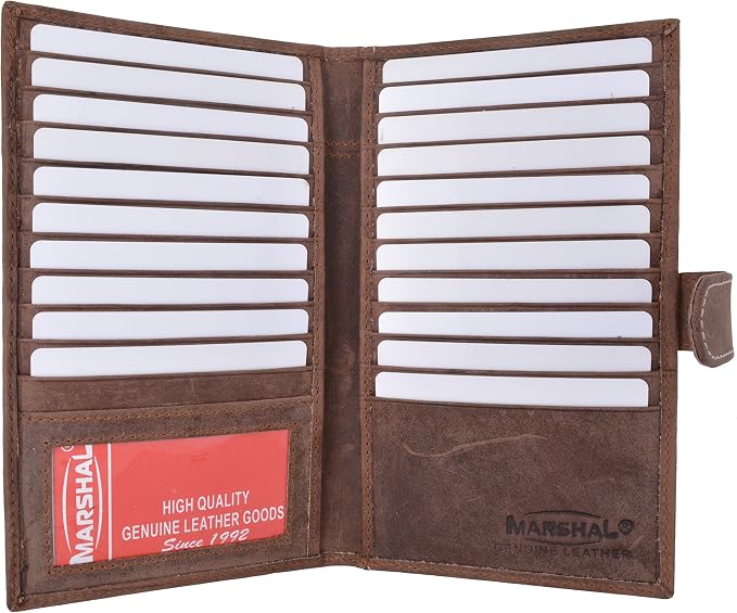 Marshal Bifold Leather RFID Blocking Wallet For Men & Women | Genuine Leather Holder With 19 Slots, 2 Bill Compartments & ID Window | For Credit/Debit Cards, Money & More (Vintage with Snap) by Marshalwallet