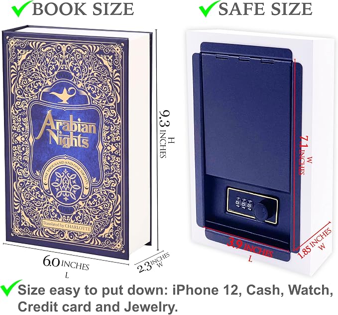 Arabian Nights Diversion Safe with Real Pages, Key Lock Metal Book Safe | Hidden safe box and hollow storage compartment for cash money. Decorative book box stash case for passport savings. - Image 9