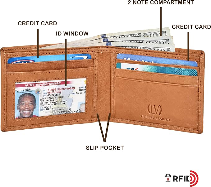 VALENCHI Genuine/Real Leather Bifold Wallet For Men - RFID Blocking/Protected Men's Slim Wallet - Christmas Gifts For Men (Tan Wash BF01) - Image 2